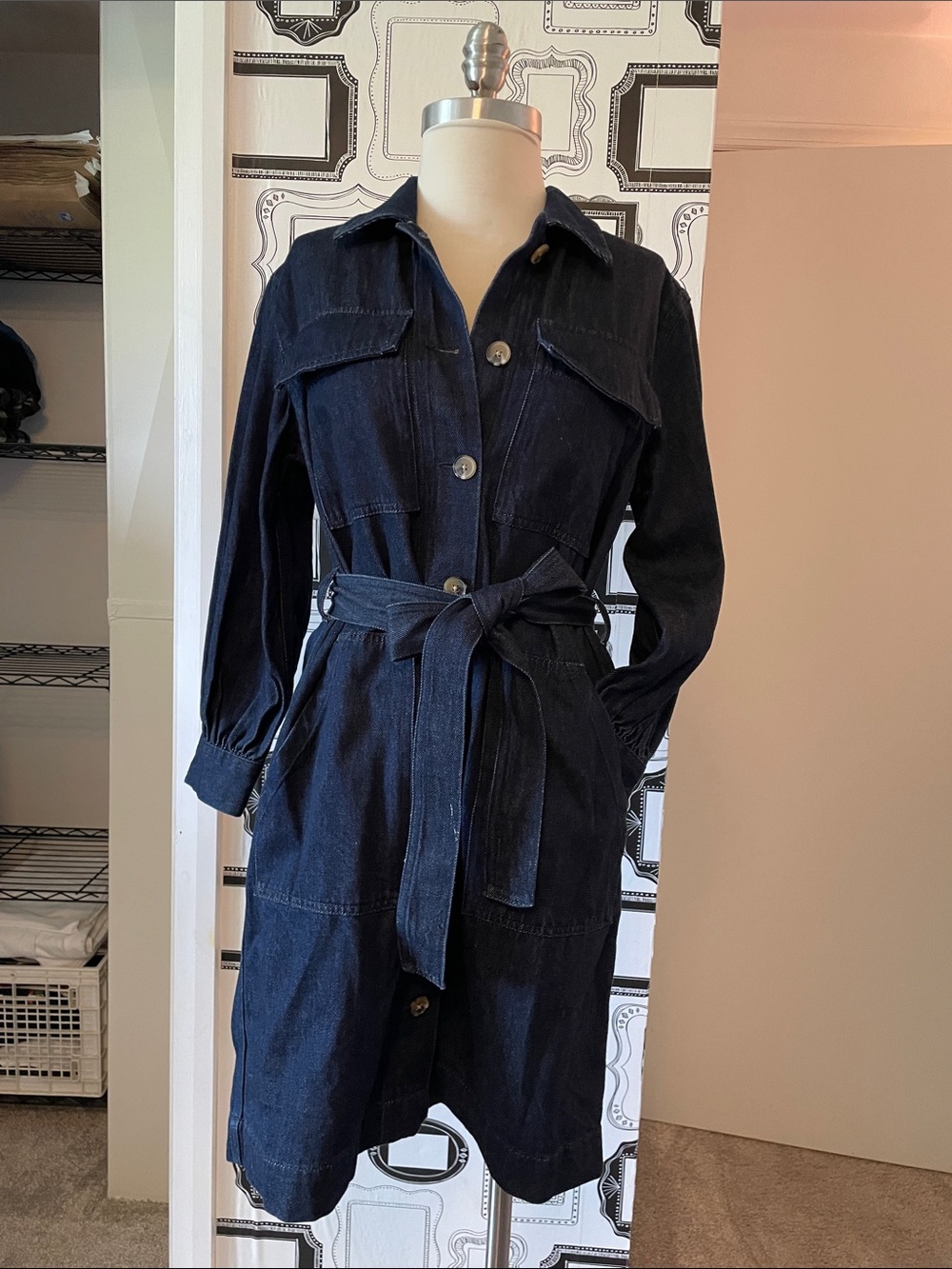 Dark Blue Denim Shirt Dress Jacket with Self-Tie Belt